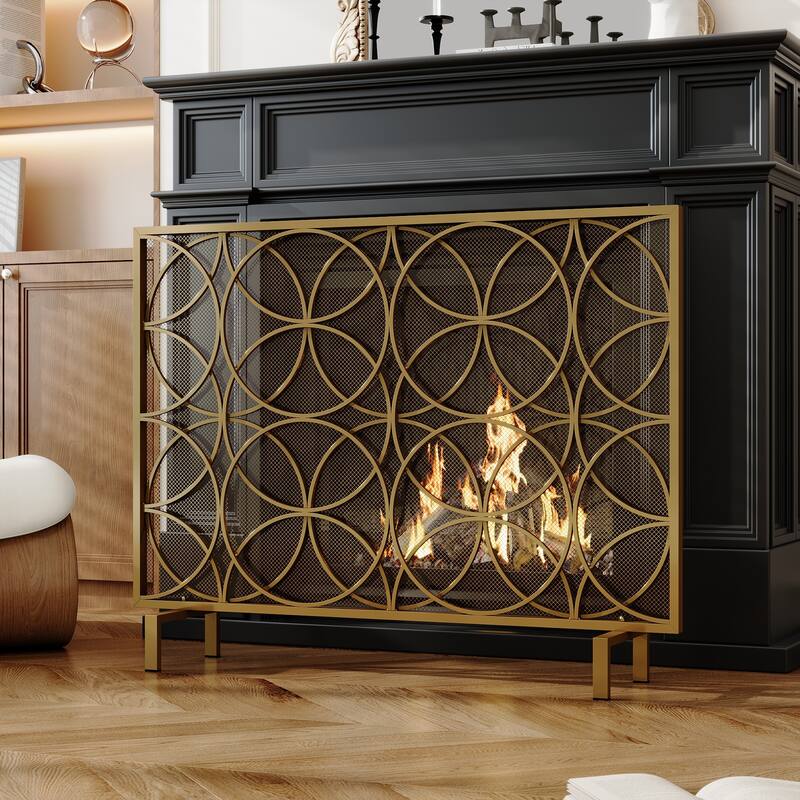Gold Metal Fireplace Screen, Decorative Single Panel Fire Screen with Geometric Design, Mesh Spark Guard