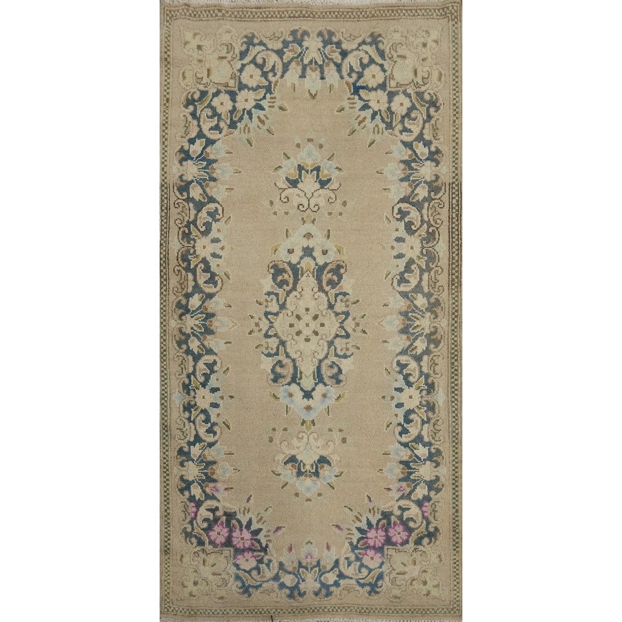 Hand Knotted Oriental 100% Wool Carpet Traditional Floral Beige & Ivories Kerman Runner Rug - 5' 3'' X 2' 5''
