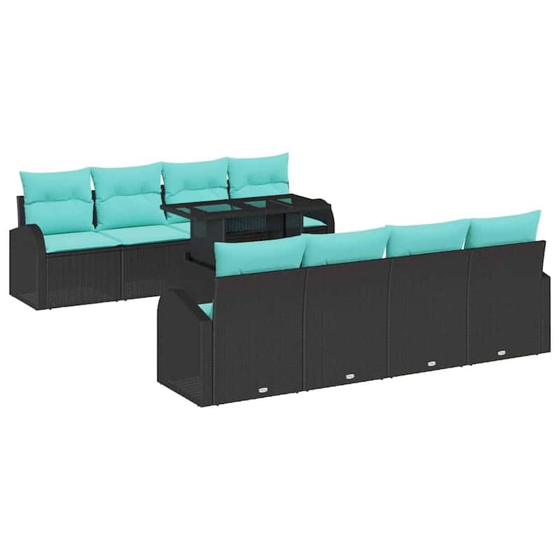 vidaXL 9 Garden Sofa Set with Cushions Black/Brown/Grey Poly Rattan - 92.1 x 24.4 x 27.2
