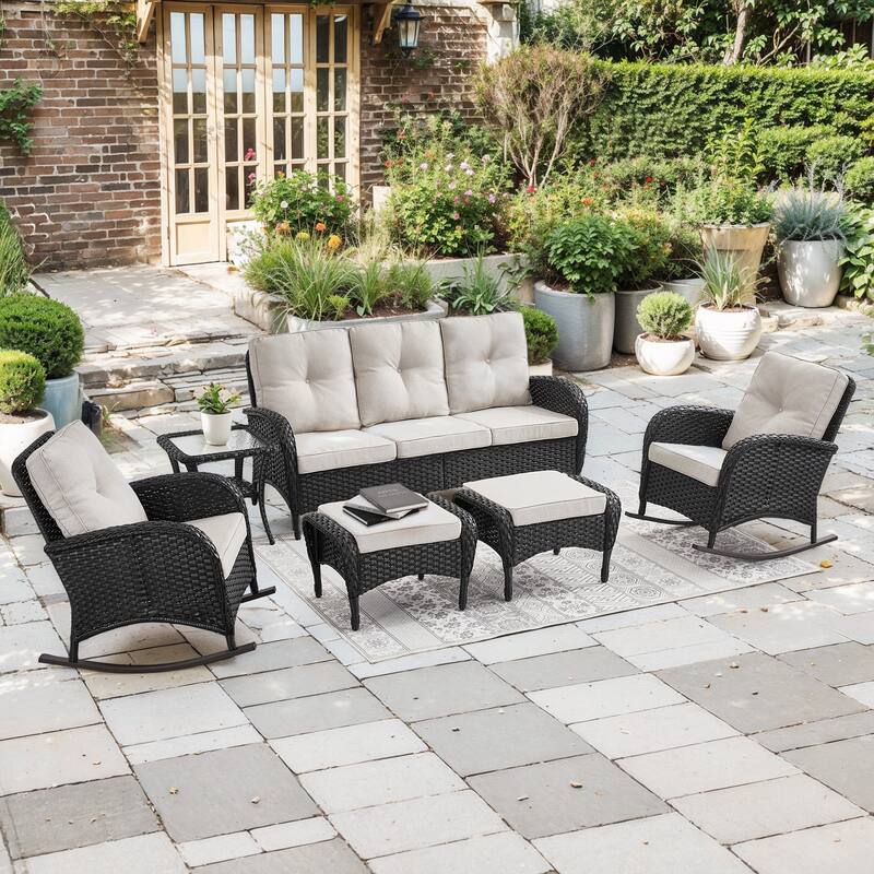 6 Pieces Rocker Chairs Sofa Table Ottomans Black-Beige - Black - Black - Beige