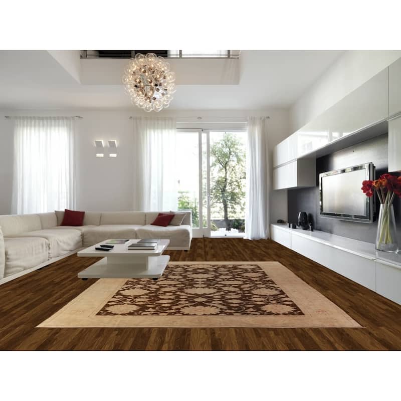 Vegetable Dye Brown Floral Oushak Turkish Rug Hand-Knotted Wool Carpet - 10'4"x 12'9"