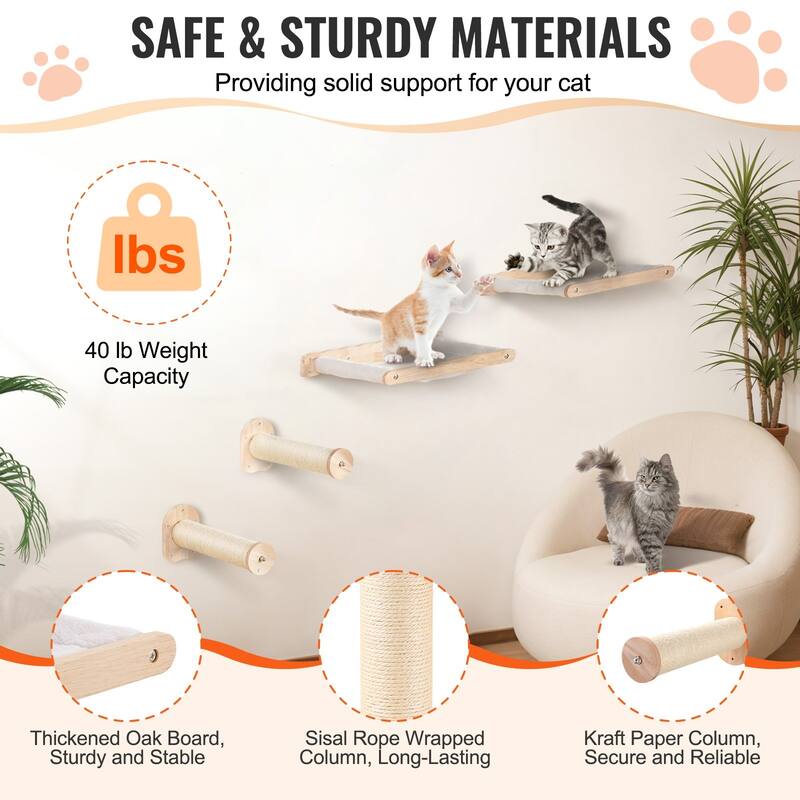 Oak Cat Wall Shelf with Hammocks & Jump Posts, Space-Saving Design