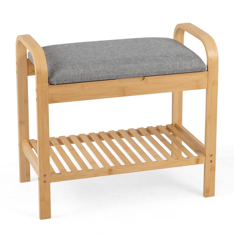 Gymax Shoe Rack Bench Bamboo W/Cushioned Seat&Storage Shelf Padded - Natural and Grey