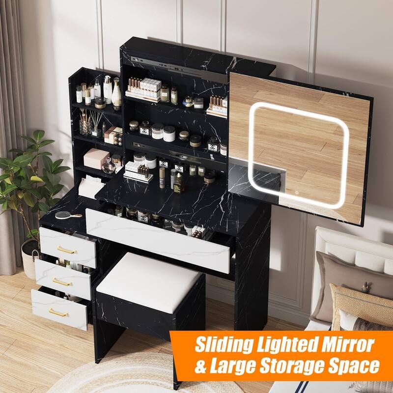 Vanity Desk with Sliding Mirror, Charging Station, 4 Drawers, Shelves, Stool