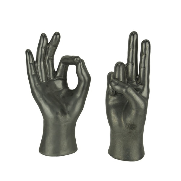 Silver Ceramic Peace Sign and OK Hand Gesture Table Sculpture 2 Piece Set - 9.5 X 5 X 4 inches