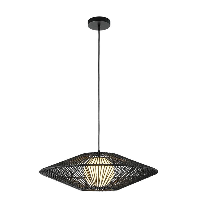1-Light Modern Black Hand-Woven Rattan Chandelier Bubble Trasitional Cylinder Medium Natura Pendant Light For Bedroom