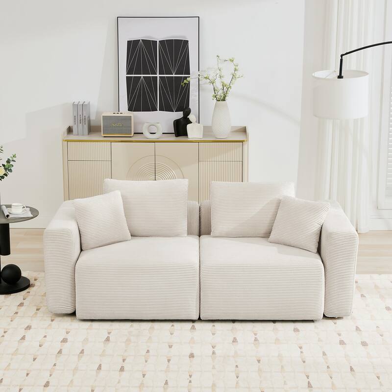 Corduroy Sectional Modular Sofa with Square Arms & Ottoman Extension for Flexible Arrangements