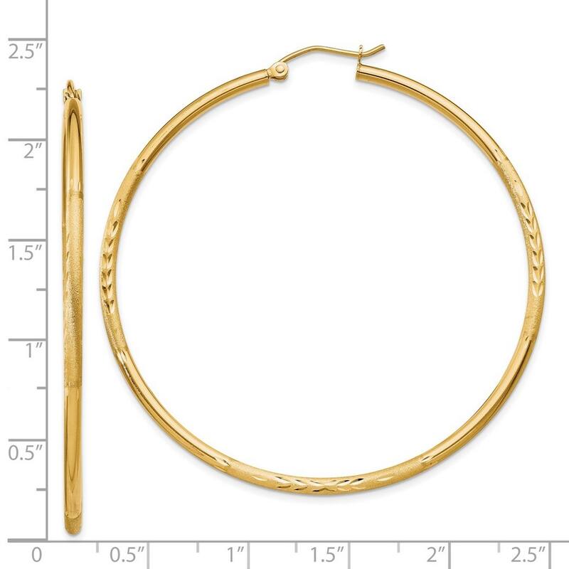 Curata 14k Yellow Gold Satin and Sparkle Cut 52x2mm Round Tube Hoop Earrings