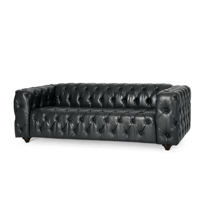 Black 83.5" PU Leather 3-Seater Sofa with Button-Tufted Back, Wide Armrests, and Vintage Wood Legs