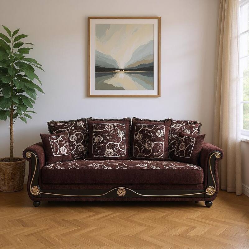 HomeRoots 95" Brown Chenille Convertible Futon Sleeper Sofa And Toss Pillows With Storage - Brown