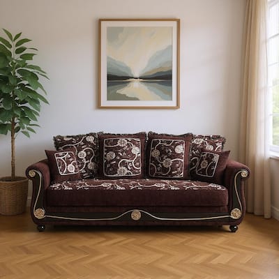 HomeRoots 95" Brown Chenille Convertible Futon Sleeper Sofa And Toss Pillows With Storage