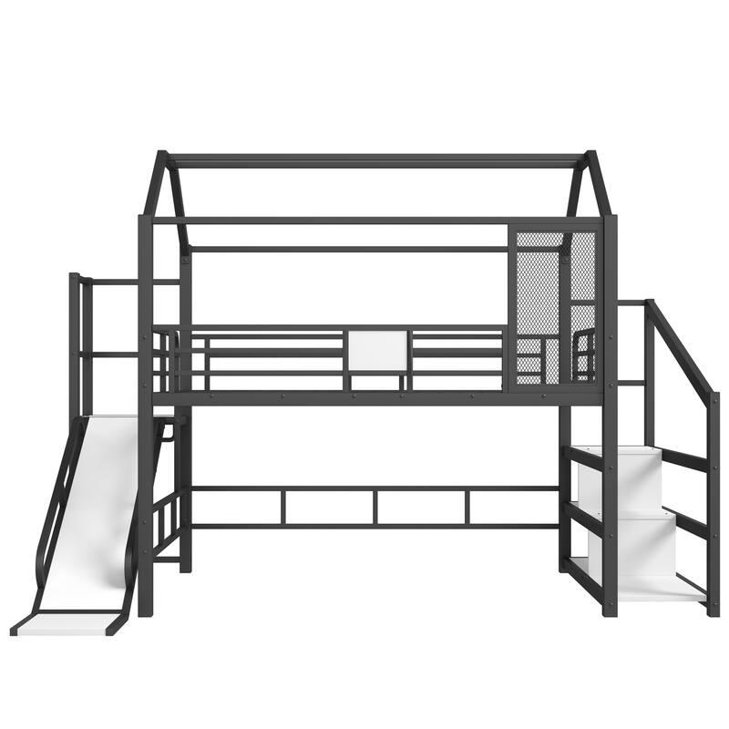 Full House Loft bed with Slide and Stairs, Metal Playhouse Bed with Storage Shelves, House-shaped Roof and Noise-free Design