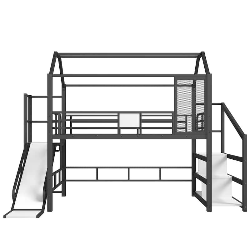 Fun Play House-shaped Loft Bed Metal Bed Frame with Grid and Shelves