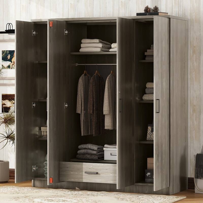 4-Door Wardrobe with 1 Drawer, Gray - Grey