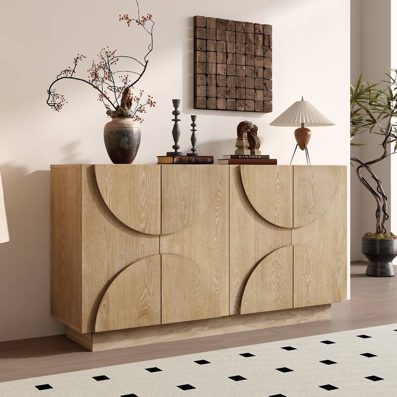 4-Door Large Storage Sideboard,Wood Sideboard Cabinet with Semi-Circular Handles and Adjustable Shelves - Natural