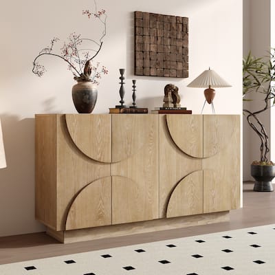 4-Door Large Storage Sideboard,Wood Sideboard Cabinet with Semi-Circular Handles and Adjustable Shelves