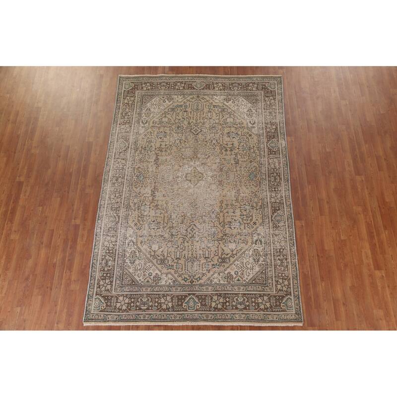 Hand Knotted Oriental 100% Wool Carpet Traditional Medallion Beige & Ivories Tabriz Area Rug - 9' 6'' X 6' 5''