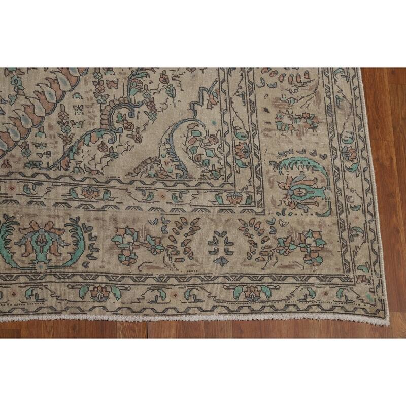 Traditional Beige Tabriz Persian Area Rug Handmade Wool Carpet - 10'3"x 12'8"