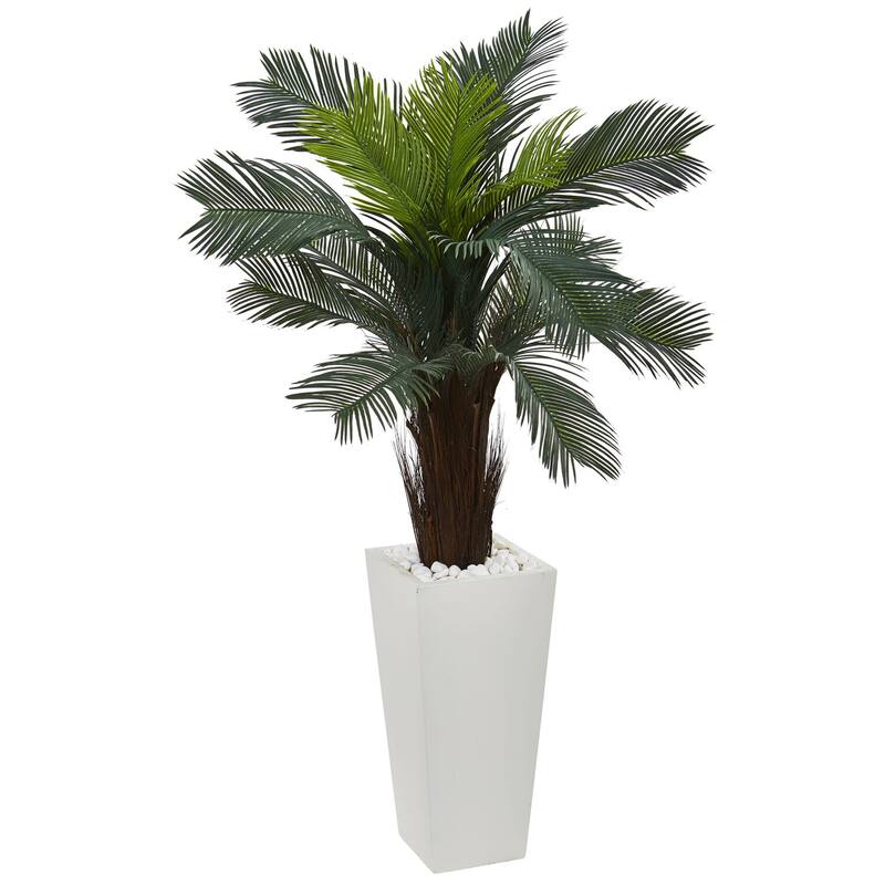 Sanctuary Plant 4.5Ft, UV Resistant Artificial Tree in White Planter with Stones - Green