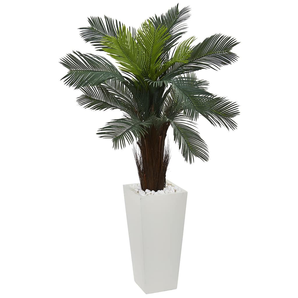 Sanctuary Plant 4.5Ft, UV Resistant Artificial Tree in White Planter with Stones - Green