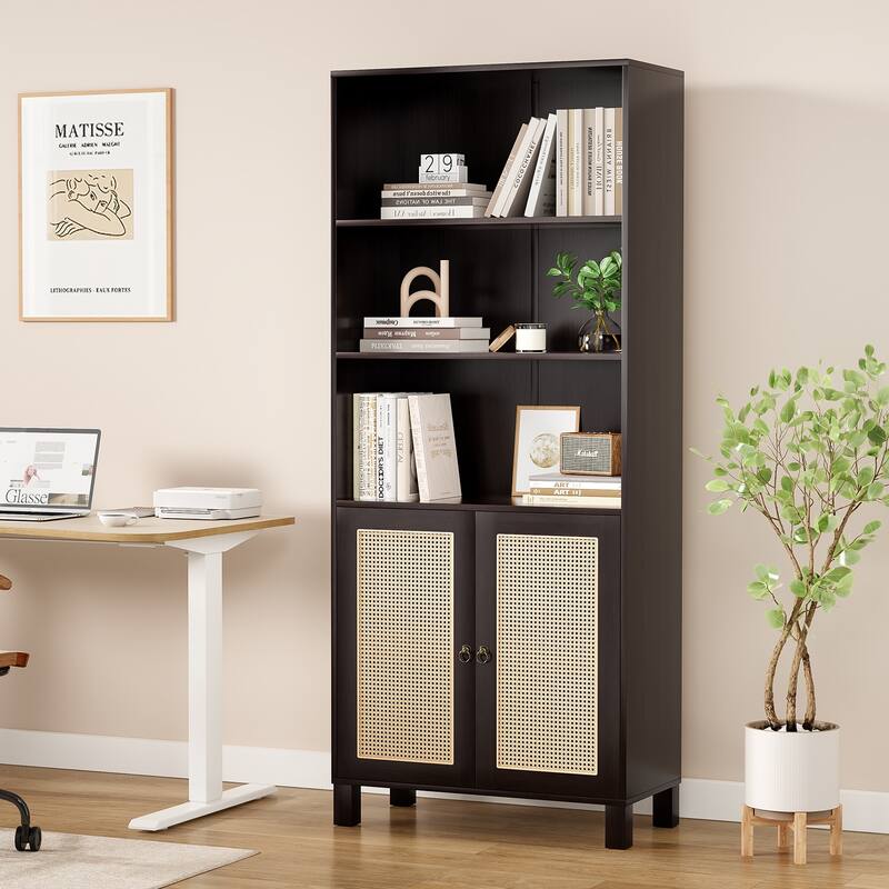 Tall Bookcase with Rattan Doors,5 Tier Storage Wood Shelves Large Bookshelf for Library Living Room Bedroom Home Office