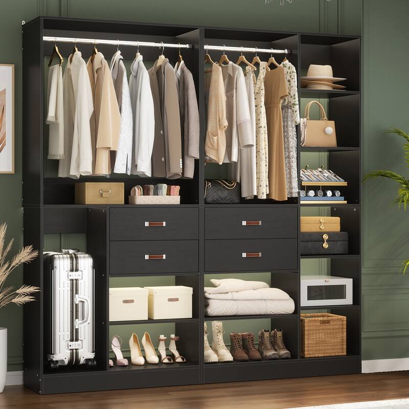 Vryon 110'' Set of 3 Freestanding Corner Closet System, Reversible Closet Organizer with Drawers and Hanging Rods - 79'' - Black