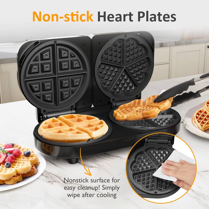 Double Waffle Maker with Adjustable Temp, Heart Waffle & Classic Waffle Iron
