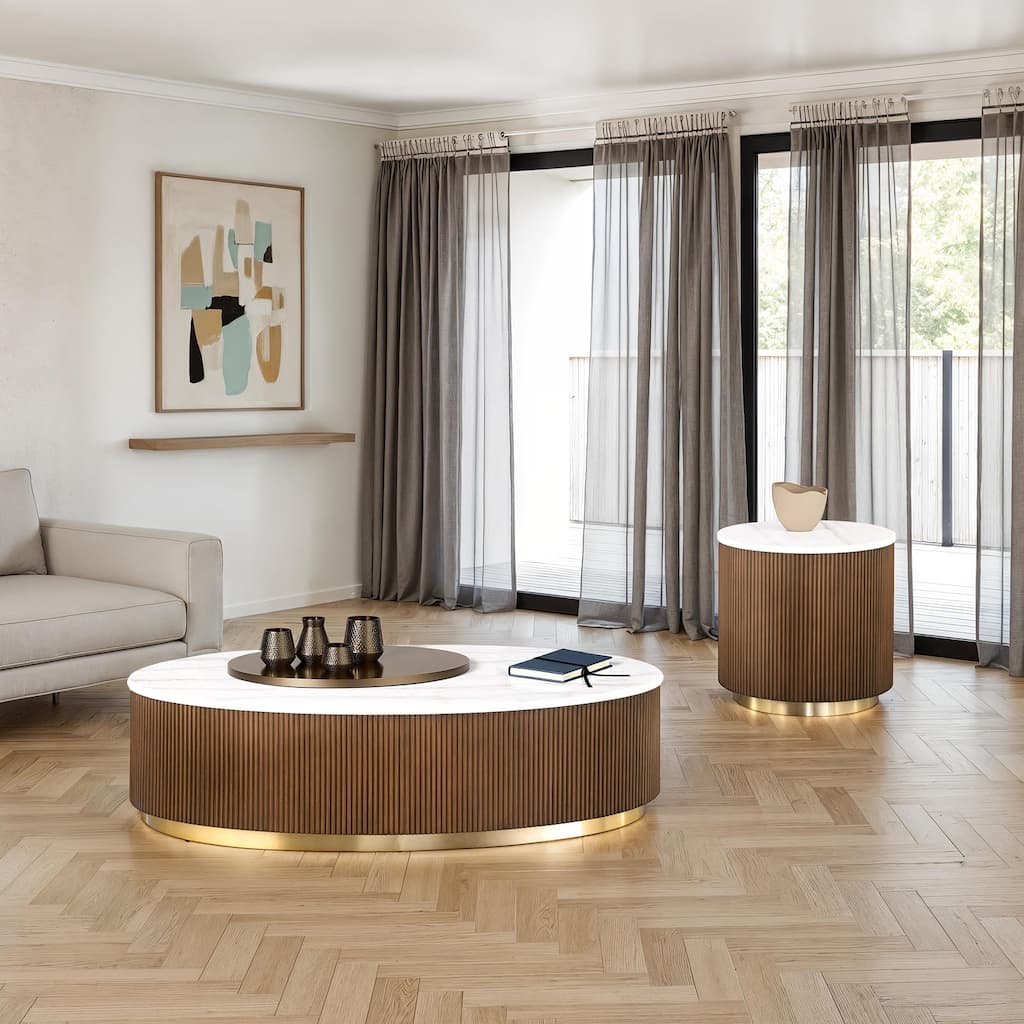 Modern Genuine Marble Top Coffee Table with Accent Gold Stainless Steel Base