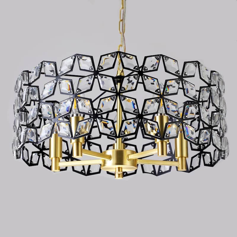 Anmytek 19" 5-Light Geometric Crystal Chandelier BlackGold Round Pendant Light - 19 Inch