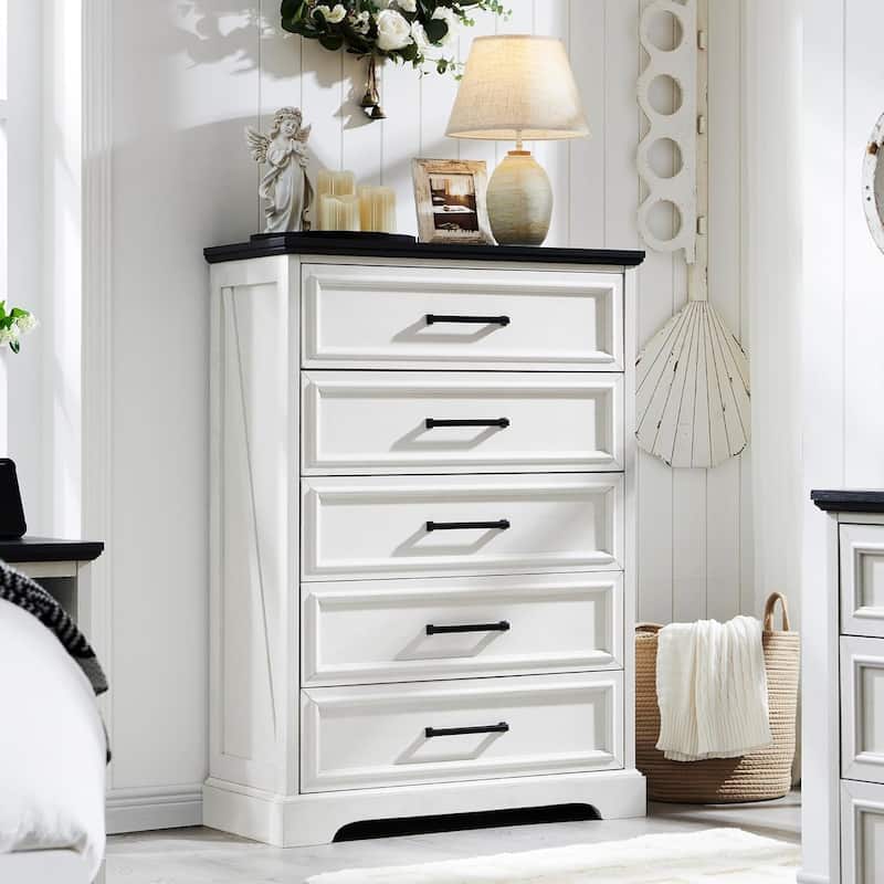 Farmhouse 5 Drawers Dresser Chests, Wood Rustic Chest of Drawers - White
