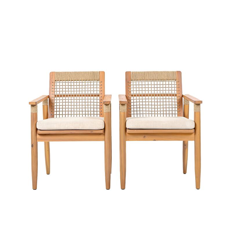 Christopher Knight Home - Caldera Outdoor Acacia Wood Patio Dining Chairs with Rope Woven Backrest and Cushions, Set of 2