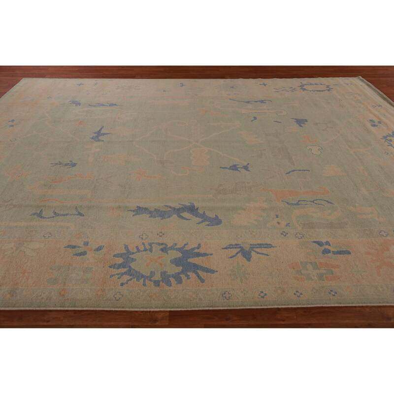 Hand Knotted Oriental 100% Wool Carpet Transitional All-Over Green Oushak Area Rug - 12' 4'' X 9' 3''