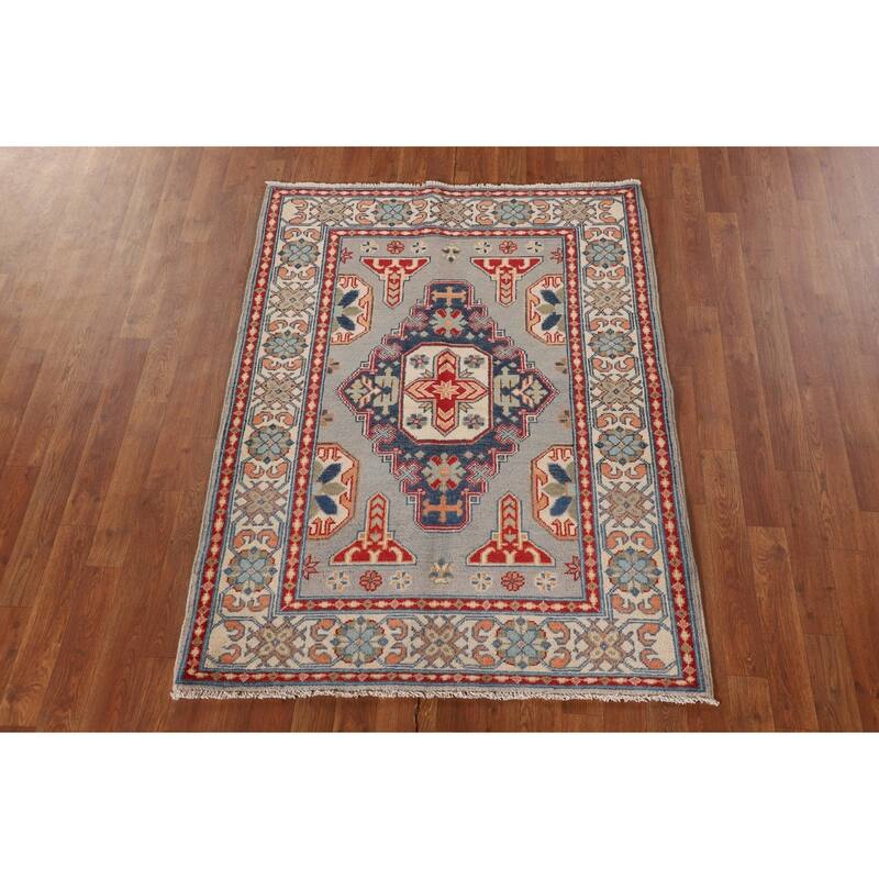 Kazak Oriental Accent Rug Handmade Gray Geometric Wool Carpet - 3'7"x 4'10"
