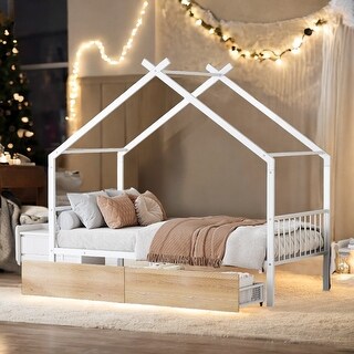 Metal Twin Size House Bed with Two Drawers