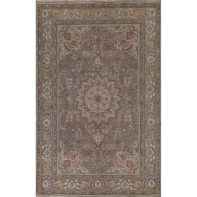 Gray Floral Tabriz Persian Vintage Area Rug Handmade Wool Carpet - 6'7" x 9'10"