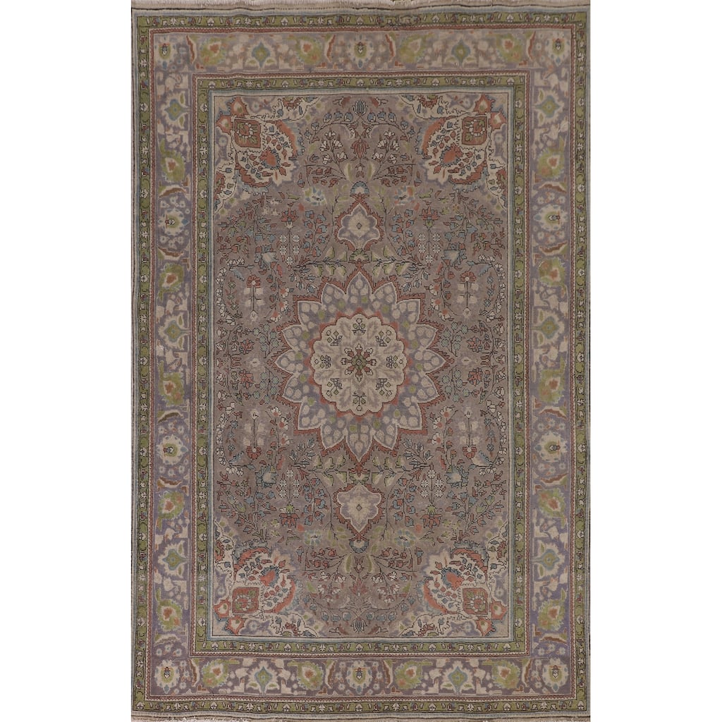 Gray Floral Tabriz Persian Vintage Area Rug Handmade Wool Carpet - 6'7" x 9'10"