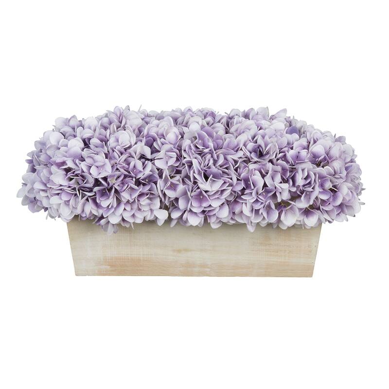 Faux Hydrangeas in White Wood Washed Ledge Planter - Lavender