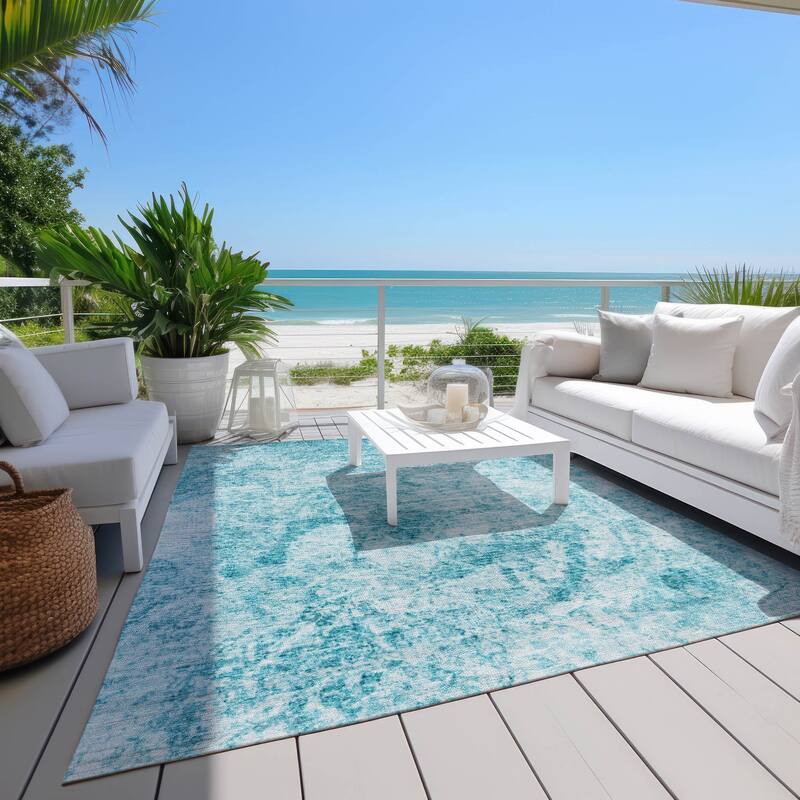 Machine Washable Indoor/ Outdoor Abstract Solid Chantille Rug - 9' x 12' - Teal
