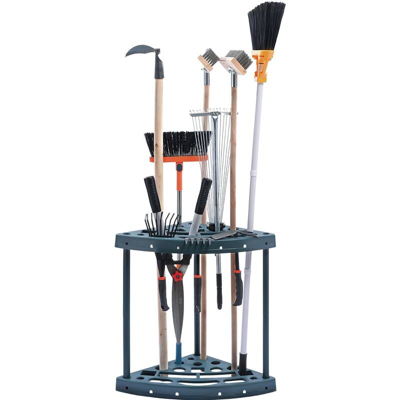 Blue PP 19 Slots Garden Tool Organizer Tower Rack with Upper and Lower Trays for Storage - 19.4 x 32 x 20 in