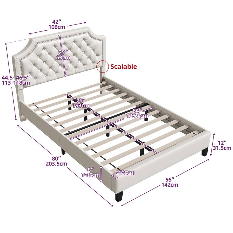 Moasis Button-Tufted Linen Upholstered Platform Bed with Adjustable Headboard