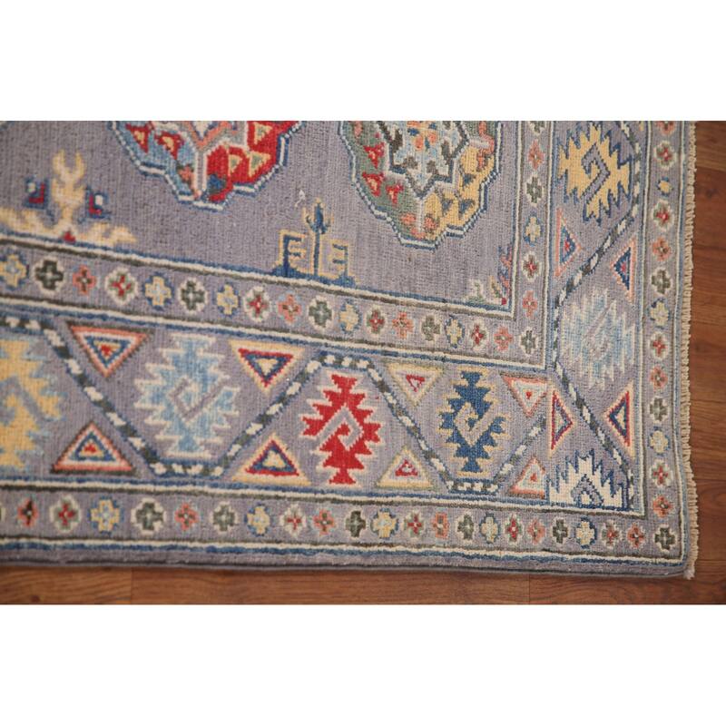 Geometric Gray Kazak Runner Rug Handmade Wool Carpet - 2'8" x 8'3"