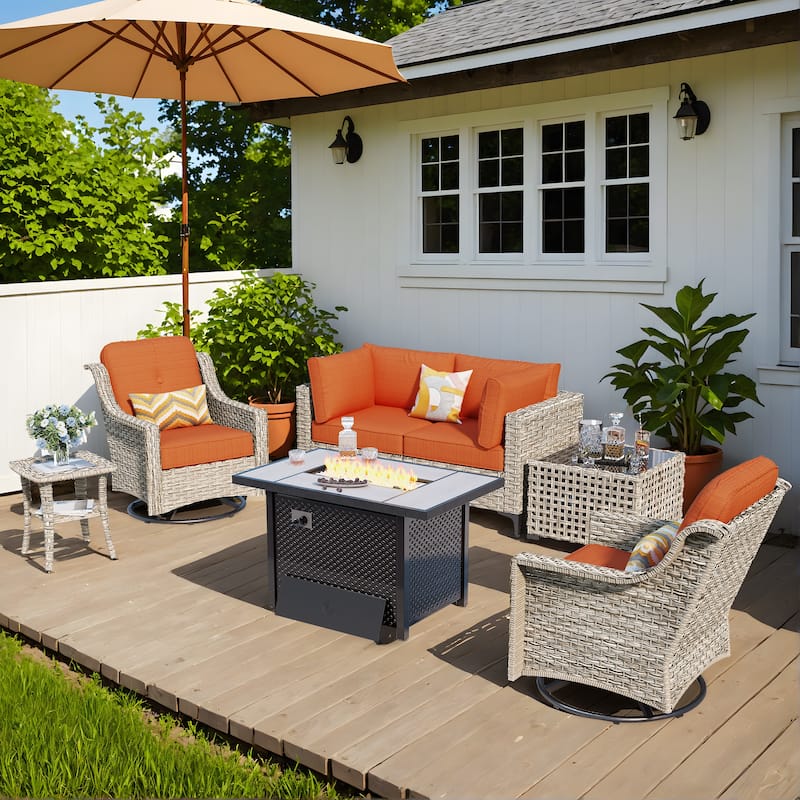 OVIOS 7 Pieces Outdoor Wicker Furniture Set With Solar-Powered Coffee Table&Fire Pit - Orange/Red