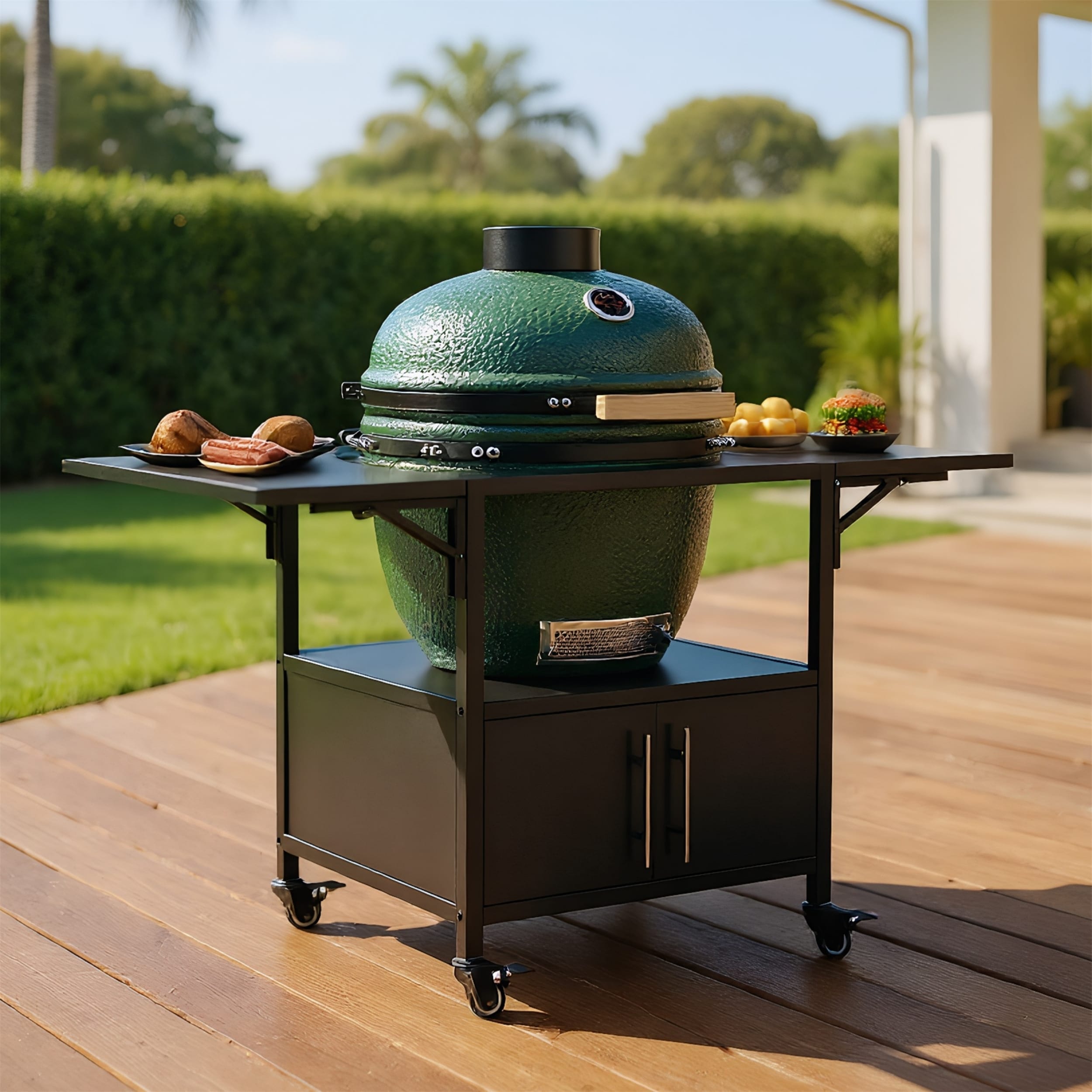 Big Egg Grill Table with Folding Panels, Storage Box, Locking Wheels