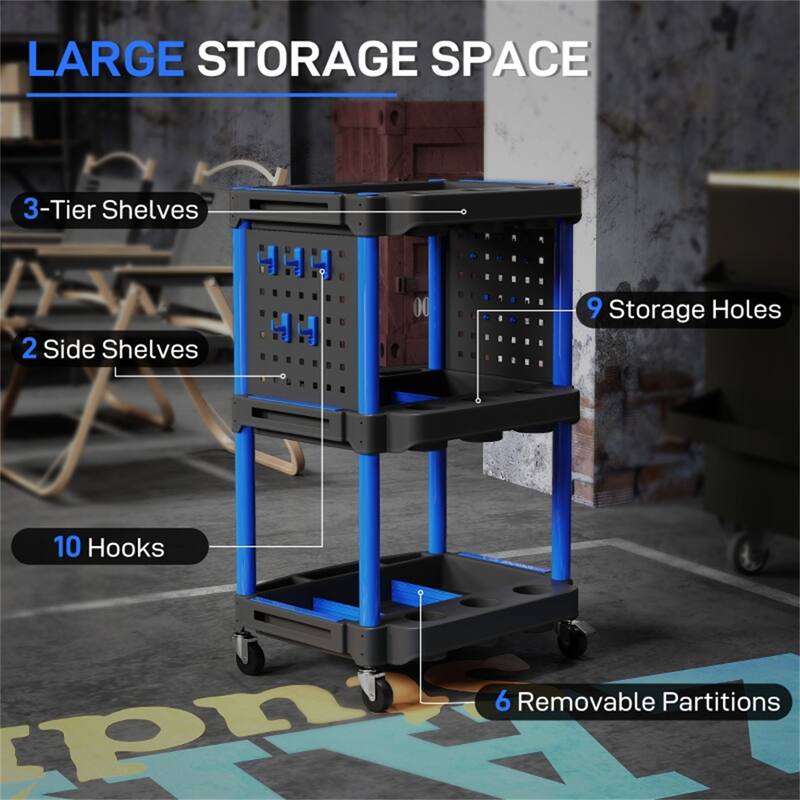 Three-Tier Mobile Rolling Tool Cart with Hooks and Storage Holes for Garage Workshop Organizer - 22.2" W x 18.7" D x 35" H