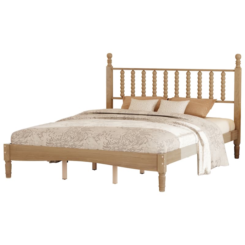 Natural Wood Queen Platform Bed with Curved Gourd Headboard, Vintage-Inspired Frame with Sturdy Slat Support