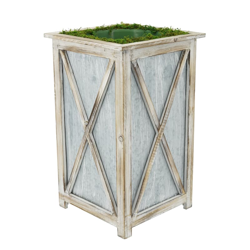 Large Tall Crisscross Wood/Metal Planter Pot-in-a-Pot - White