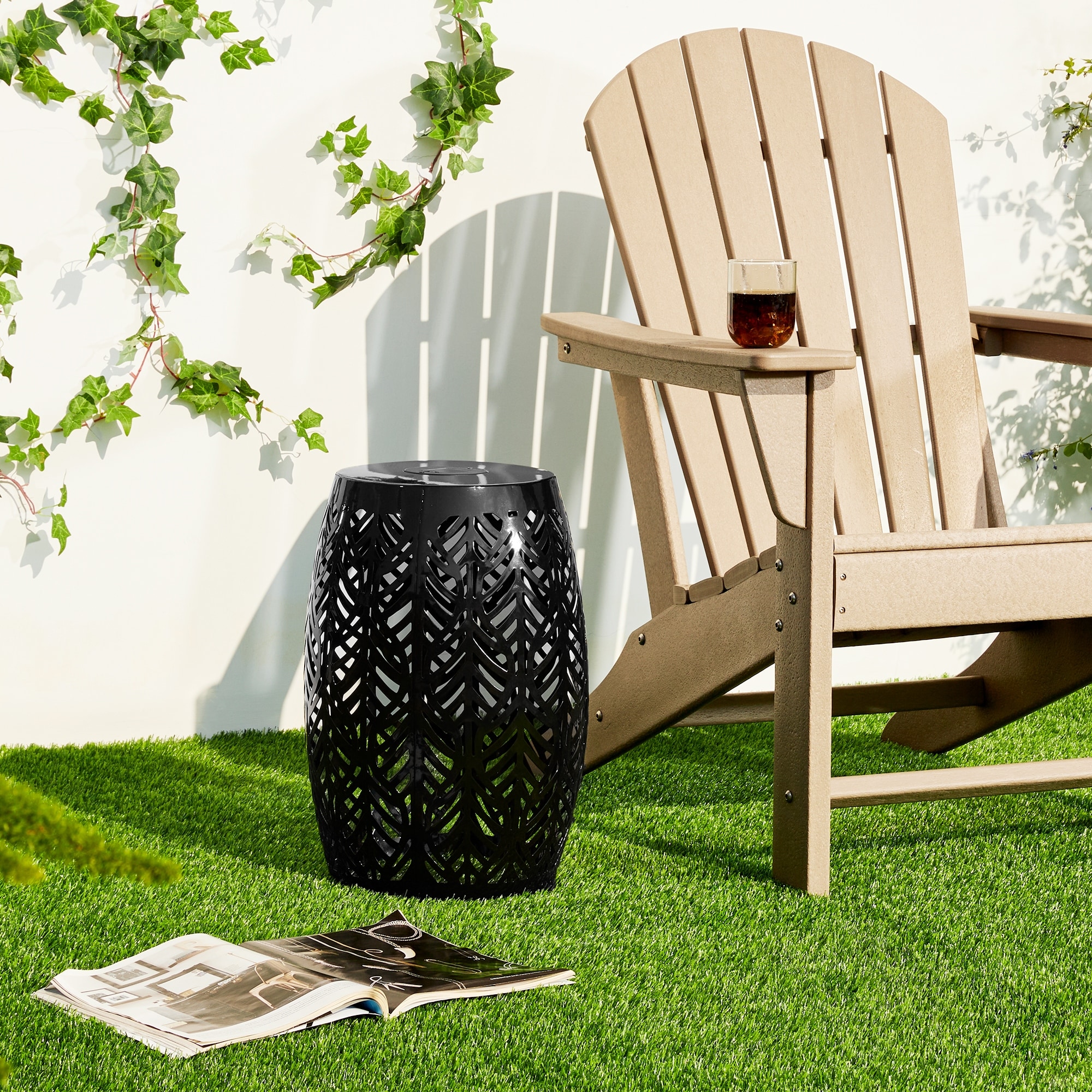 Glitzhome Outdoor Planter Stand Iron Leaf Pattern Garden Stool