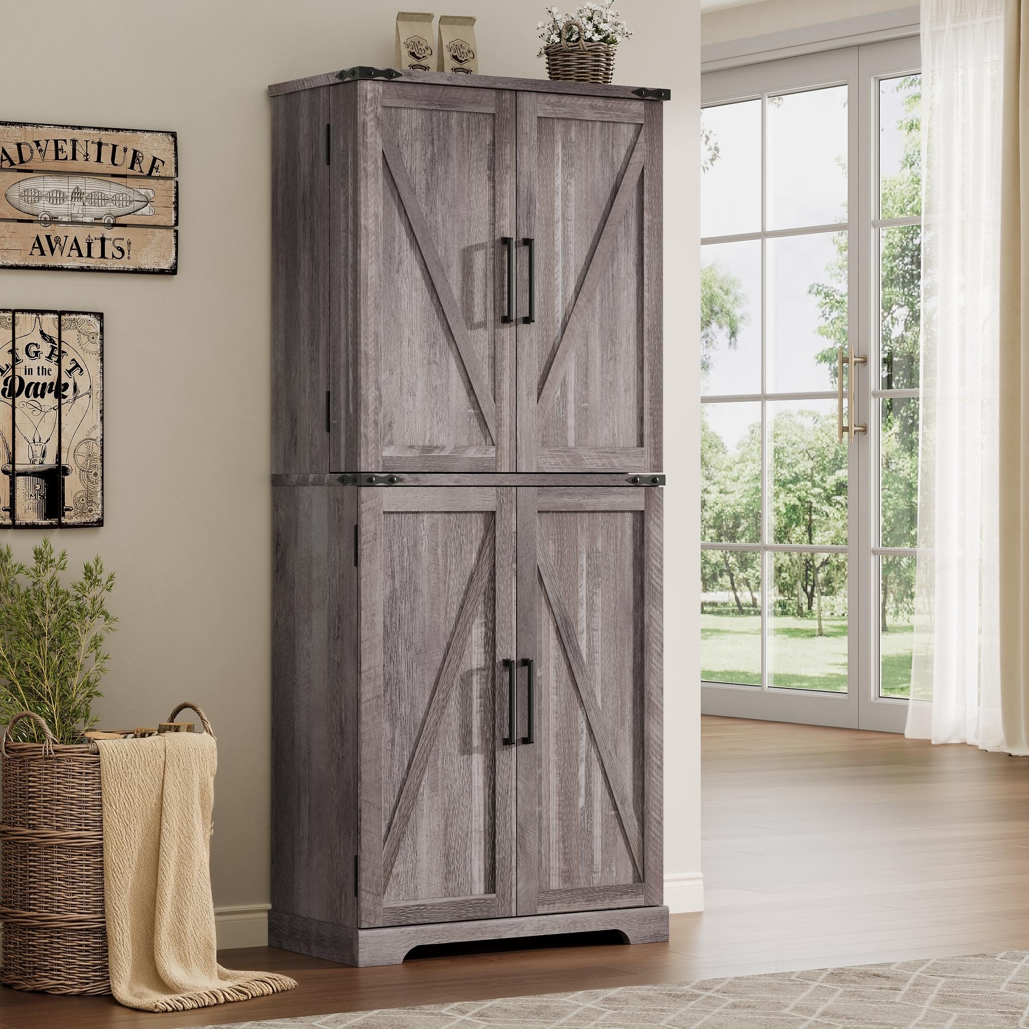 Farmhouse Wood Pantry Cabinet with Barn Doors, Adjustable Shelves