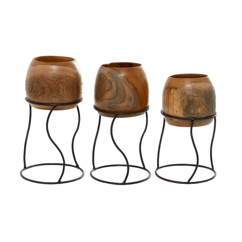 Teak Wood Handmade Planter with Wavy Removable Stand - Set of 3 Brown - Roche River Decor - 6"W x 6"L x 9"H