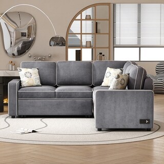 L-Shaped USB Ports Convertible Sleeper Sofa with 2 Power Sockets and 3 ...